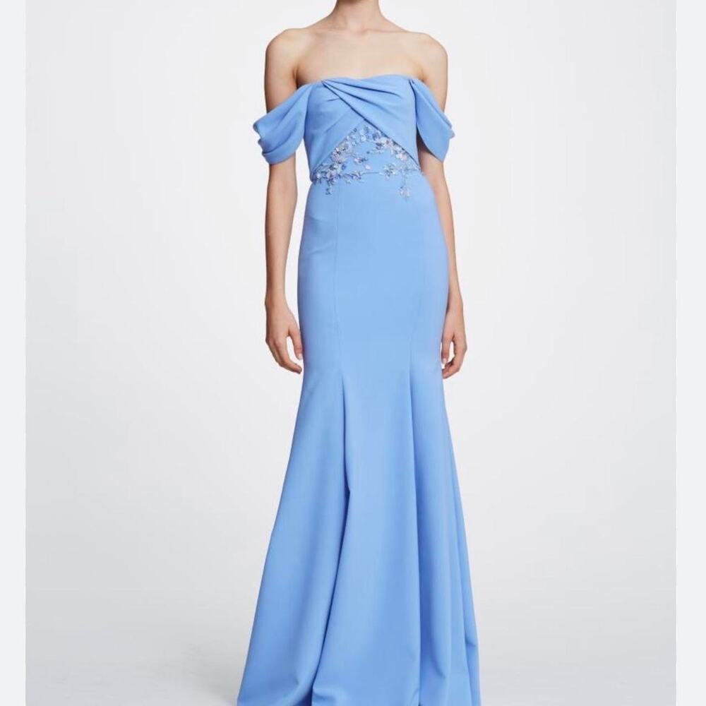 Marchesa Notte Shelly Light Blue Crepe Embellished Off Shoulder Gown Size 2